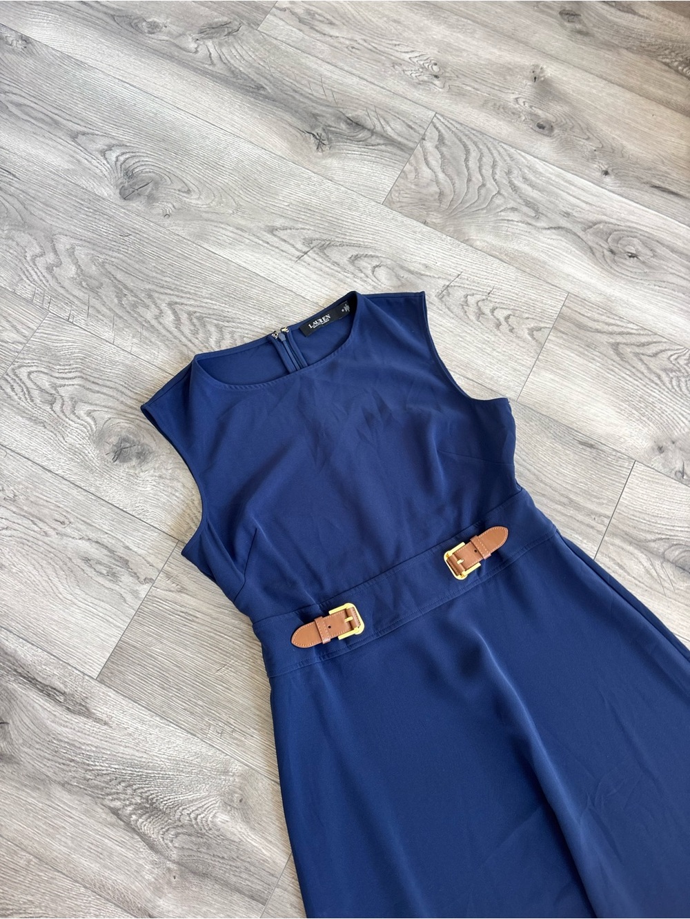 Ralph Lauren Navy Sleeveless Midi Dress with Tan Belt Accents - Women’s size 12